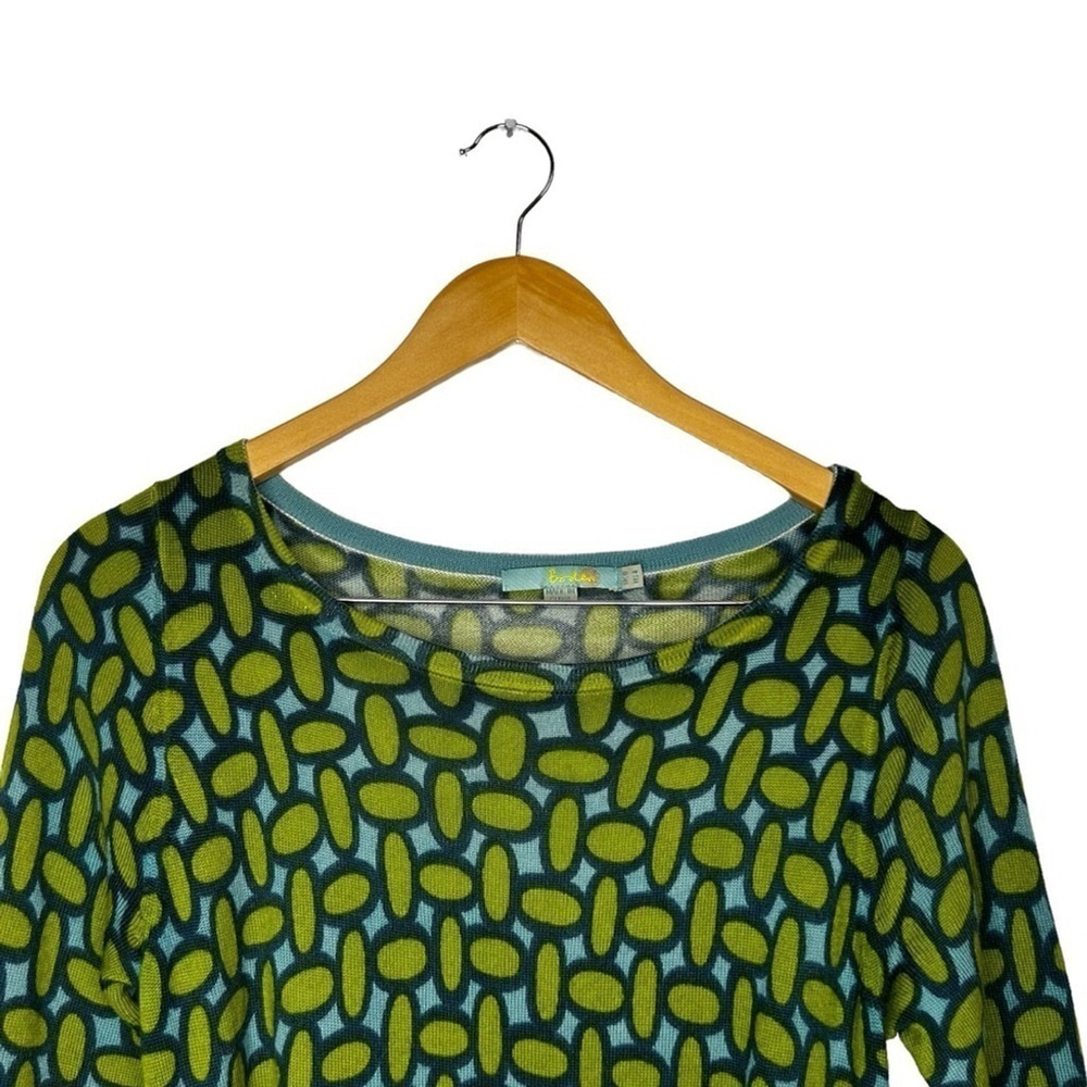Boden Retro Green Blue Long Sleeve 100% Wool Art Deco Print MIDI Dress Size 4 - Picture 7 of 16